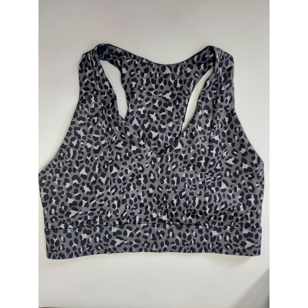 Fabletics Sports Bra Gray Black Leopard Print Phone Pocket Medium Impact